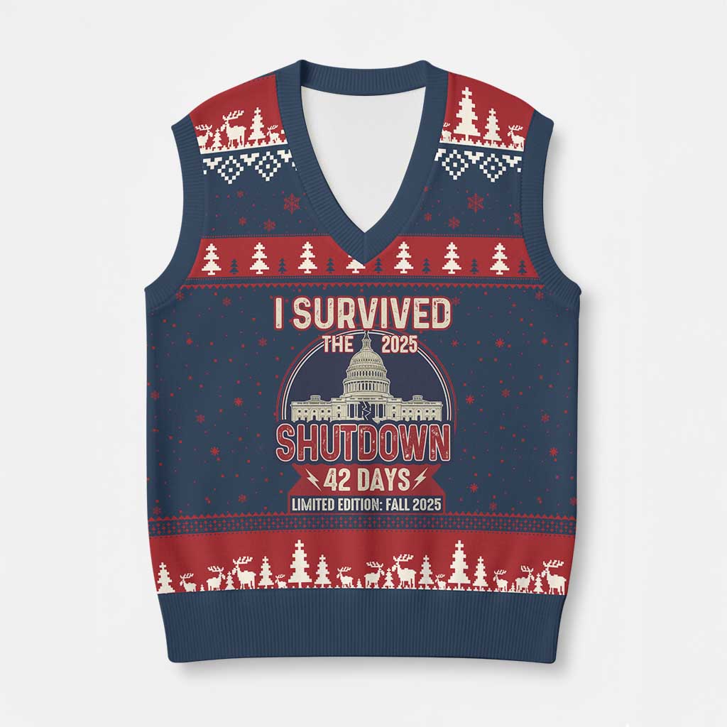 I Survived the 2025 Shutdown V-Neck Knit Sweater Vest Funny Government Closure Parody Political Humor - Wonder Print Shop