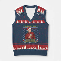 Funny Ed Gein Christmas Meme V-Neck Knit Sweater Vest Drinking Wine Eating This Sinful Cold Cuts Viral Scene Naughty Holiday - Wonder Print Shop