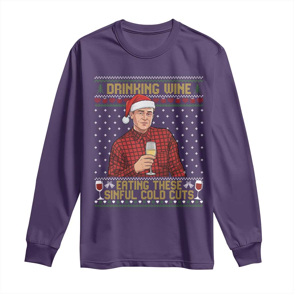 Funny Ed Gein Christmas Meme Long Sleeve Shirt Drinking Wine Eating This Sinful Cold Cuts Viral Scene Naughty Holiday - Wonder Print Shop