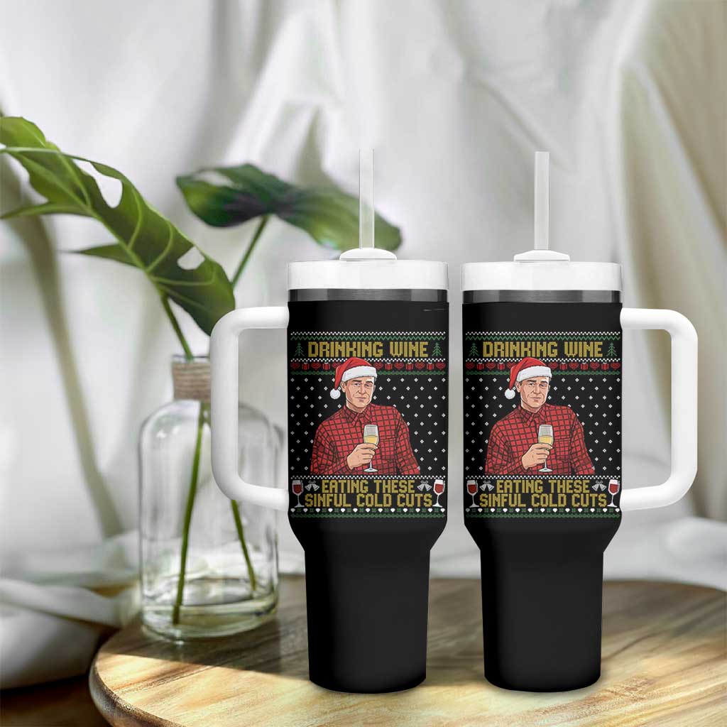 Funny Ed Gein Christmas Meme Tumbler With Handle Drinking Wine Eating This Sinful Cold Cuts Viral Scene Naughty Holiday - Wonder Print Shop