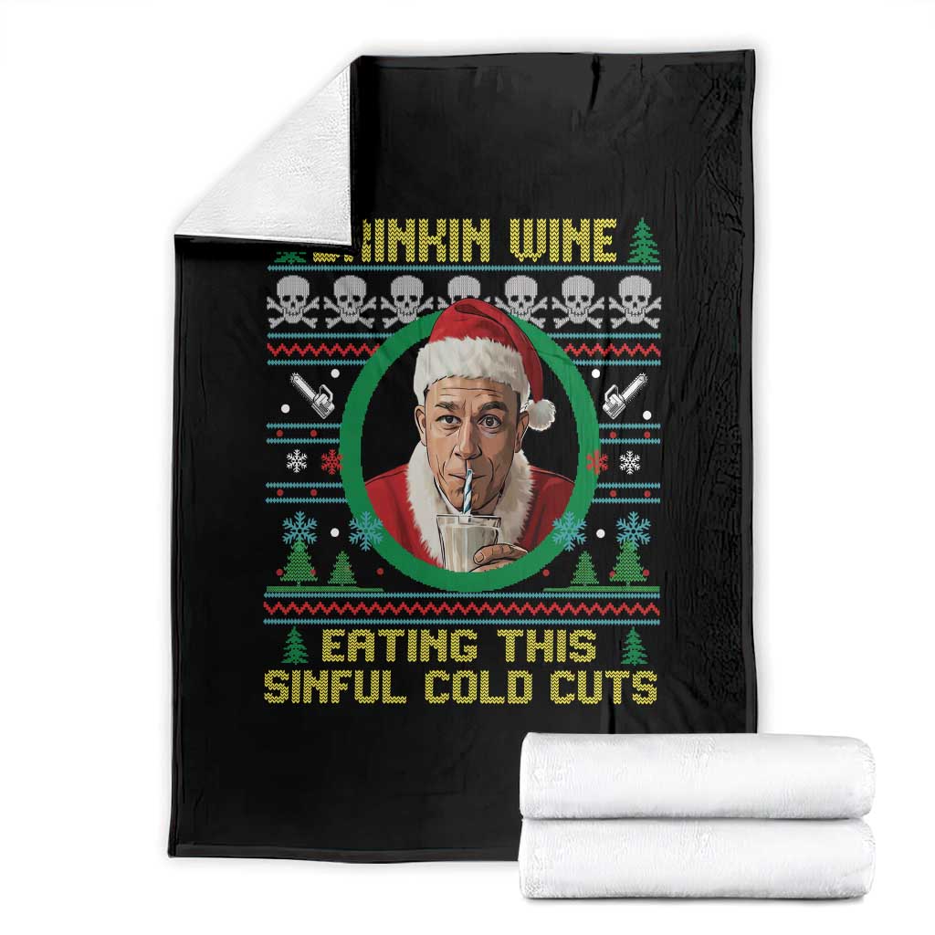 Funny Ed Gein Horror Christmas Meme Throw Blanket Drinking Wine Eating This Sinful Cold Cuts Viral Scene - Wonder Print Shop