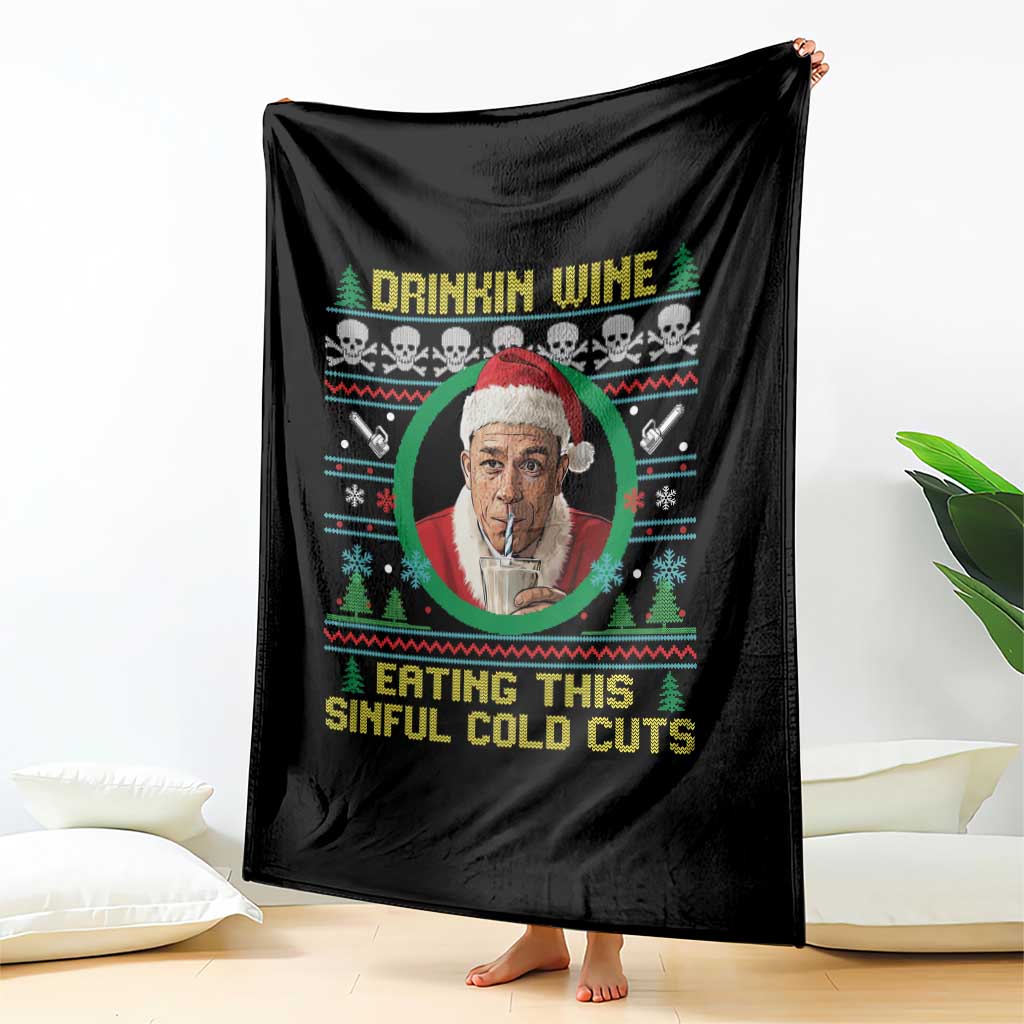 Funny Ed Gein Horror Christmas Meme Throw Blanket Drinking Wine Eating This Sinful Cold Cuts Viral Scene - Wonder Print Shop