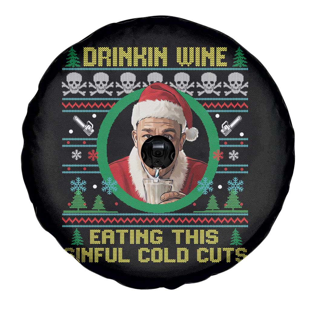 Funny Ed Gein Horror Christmas Meme Spare Tire Cover Drinking Wine Eating This Sinful Cold Cuts Viral Scene - Wonder Print Shop
