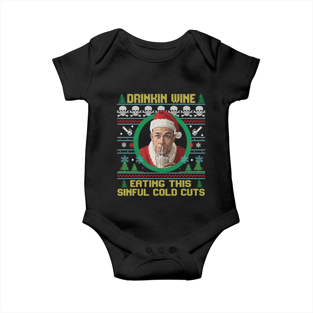 Funny Ed Gein Horror Christmas Meme Baby Onesie Drinking Wine Eating This Sinful Cold Cuts Viral Scene - Wonder Print Shop