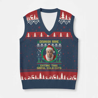 Funny Ed Gein Horror Christmas Meme V-Neck Knit Sweater Vest Drinking Wine Eating This Sinful Cold Cuts Viral Scene - Wonder Print Shop