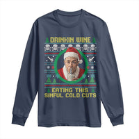 Funny Ed Gein Horror Christmas Meme Long Sleeve Shirt Drinking Wine Eating This Sinful Cold Cuts Viral Scene - Wonder Print Shop