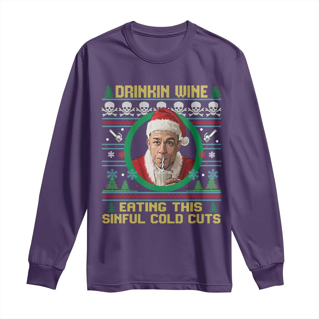 Funny Ed Gein Horror Christmas Meme Long Sleeve Shirt Drinking Wine Eating This Sinful Cold Cuts Viral Scene - Wonder Print Shop