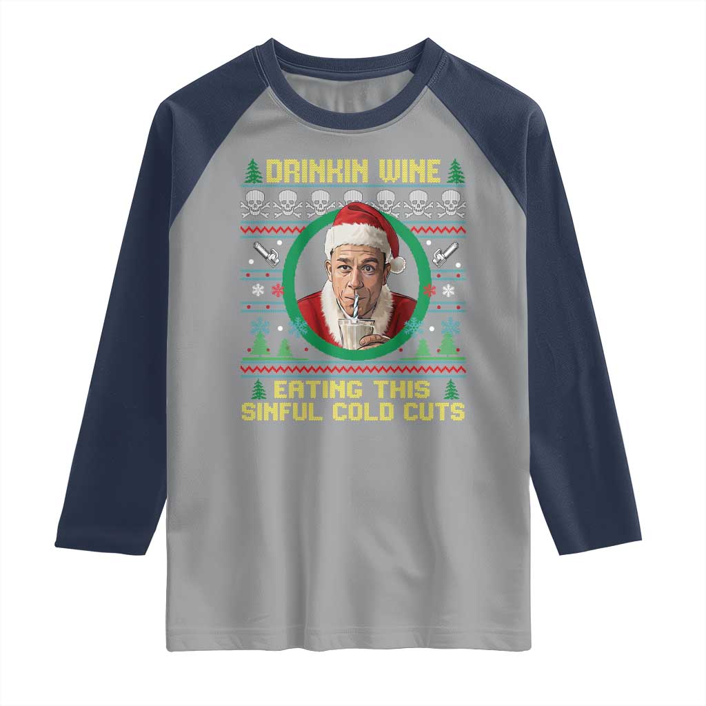 Funny Ed Gein Horror Christmas Meme Raglan Shirt Drinking Wine Eating This Sinful Cold Cuts Viral Scene - Wonder Print Shop