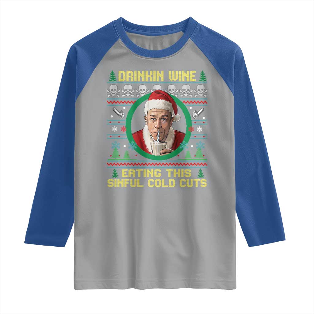 Funny Ed Gein Horror Christmas Meme Raglan Shirt Drinking Wine Eating This Sinful Cold Cuts Viral Scene - Wonder Print Shop