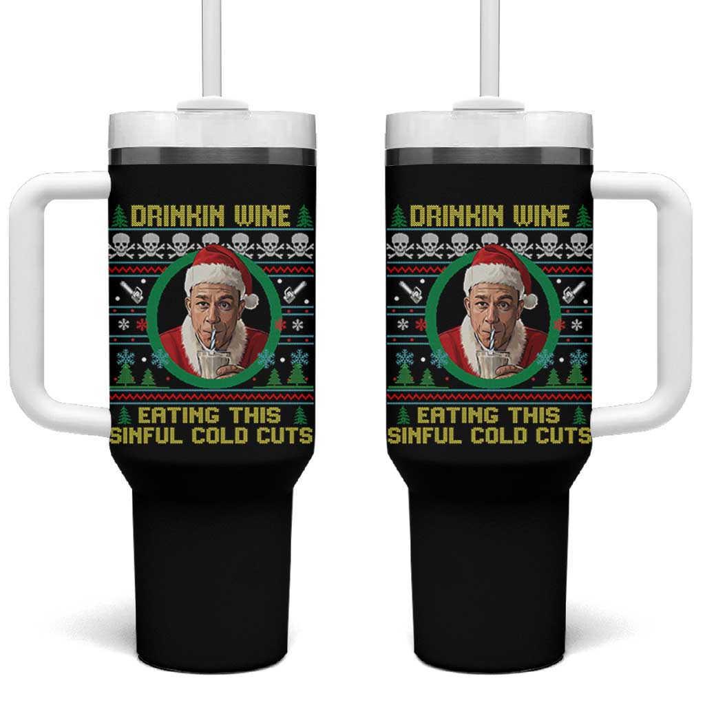 Funny Ed Gein Horror Christmas Meme Tumbler With Handle Drinking Wine Eating This Sinful Cold Cuts Viral Scene - Wonder Print Shop