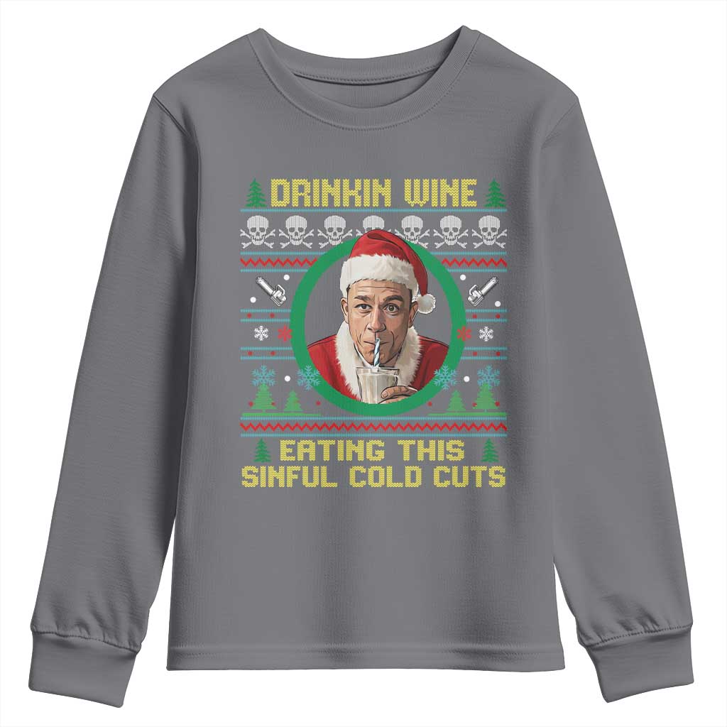 Funny Ed Gein Horror Christmas Meme Youth Sweatshirt Drinking Wine Eating This Sinful Cold Cuts Viral Scene - Wonder Print Shop