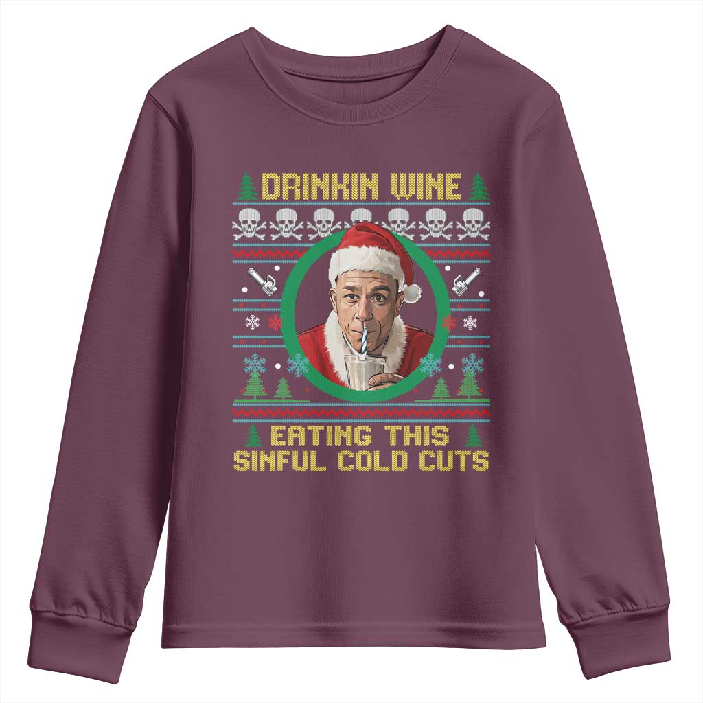 Funny Ed Gein Horror Christmas Meme Youth Sweatshirt Drinking Wine Eating This Sinful Cold Cuts Viral Scene - Wonder Print Shop