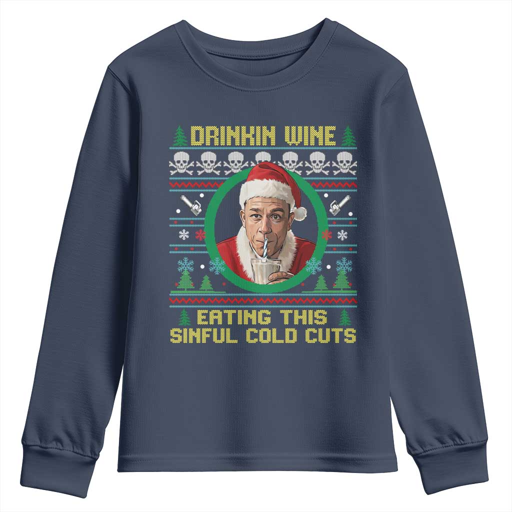 Funny Ed Gein Horror Christmas Meme Youth Sweatshirt Drinking Wine Eating This Sinful Cold Cuts Viral Scene - Wonder Print Shop