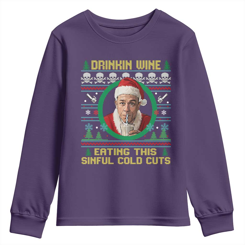 Funny Ed Gein Horror Christmas Meme Youth Sweatshirt Drinking Wine Eating This Sinful Cold Cuts Viral Scene - Wonder Print Shop