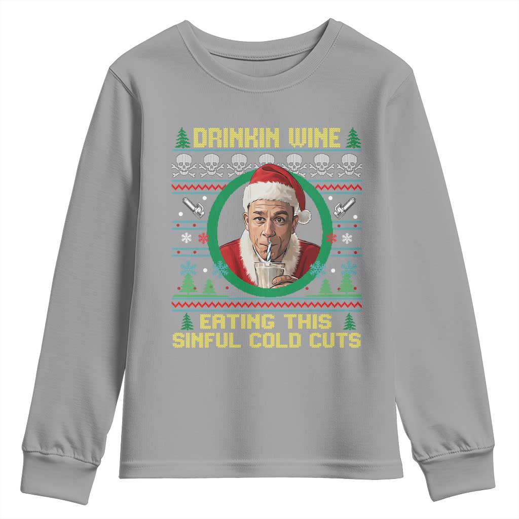 Funny Ed Gein Horror Christmas Meme Youth Sweatshirt Drinking Wine Eating This Sinful Cold Cuts Viral Scene - Wonder Print Shop