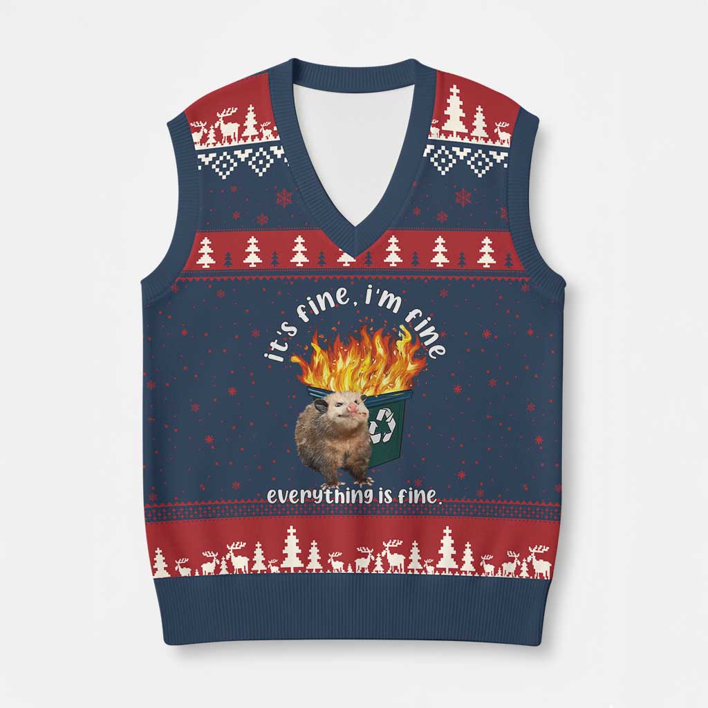 Funny Opossum Meme V-Neck Knit Sweater Vest It's Fine I'm Fine Everything Is Fine Dumpster Fire - Wonder Print Shop