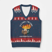 Funny Opossum Meme V-Neck Knit Sweater Vest It's Fine I'm Fine Everything Is Fine Dumpster Fire - Wonder Print Shop