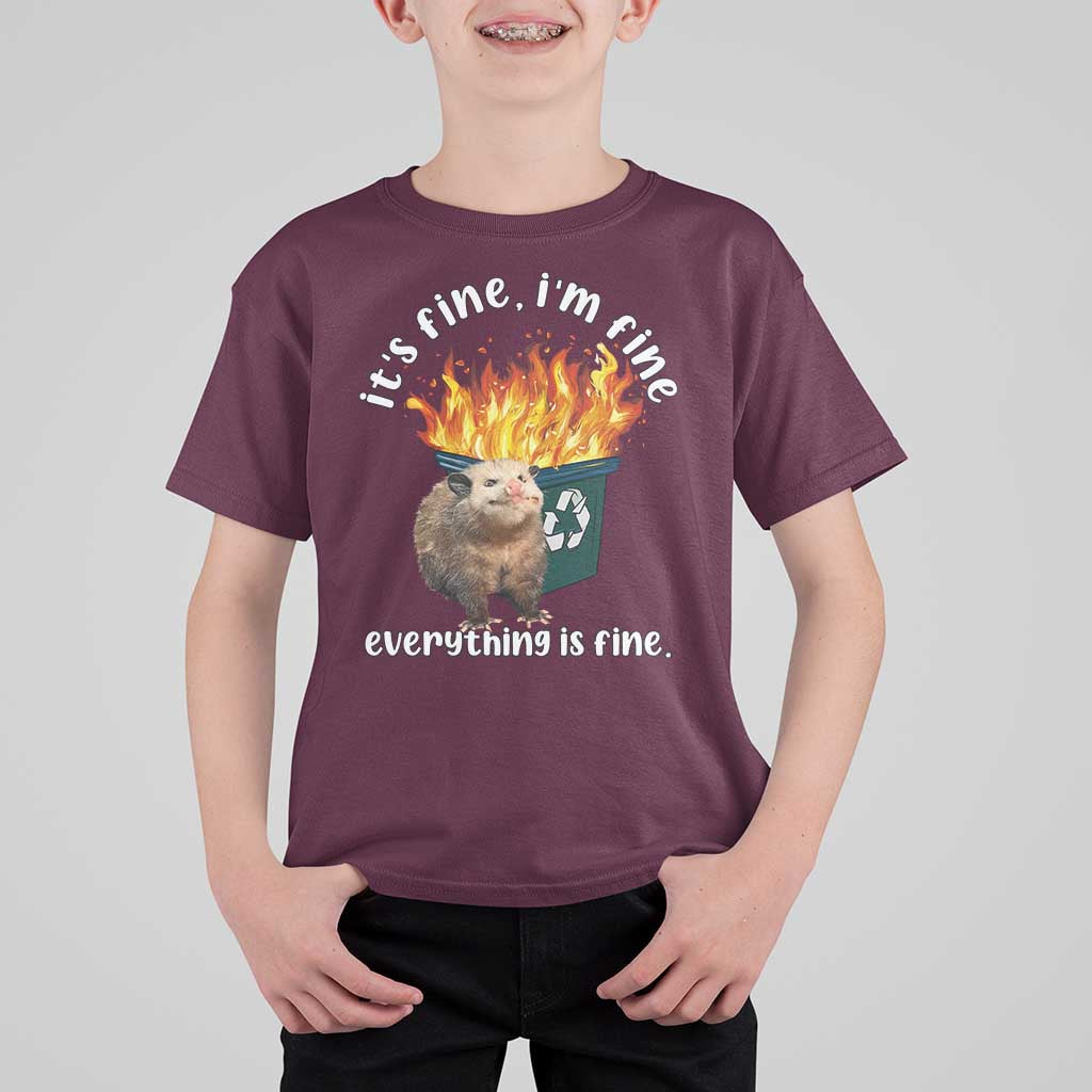 Funny Opossum Meme T Shirt For Kid It's Fine I'm Fine Everything Is Fine Dumpster Fire - Wonder Print Shop