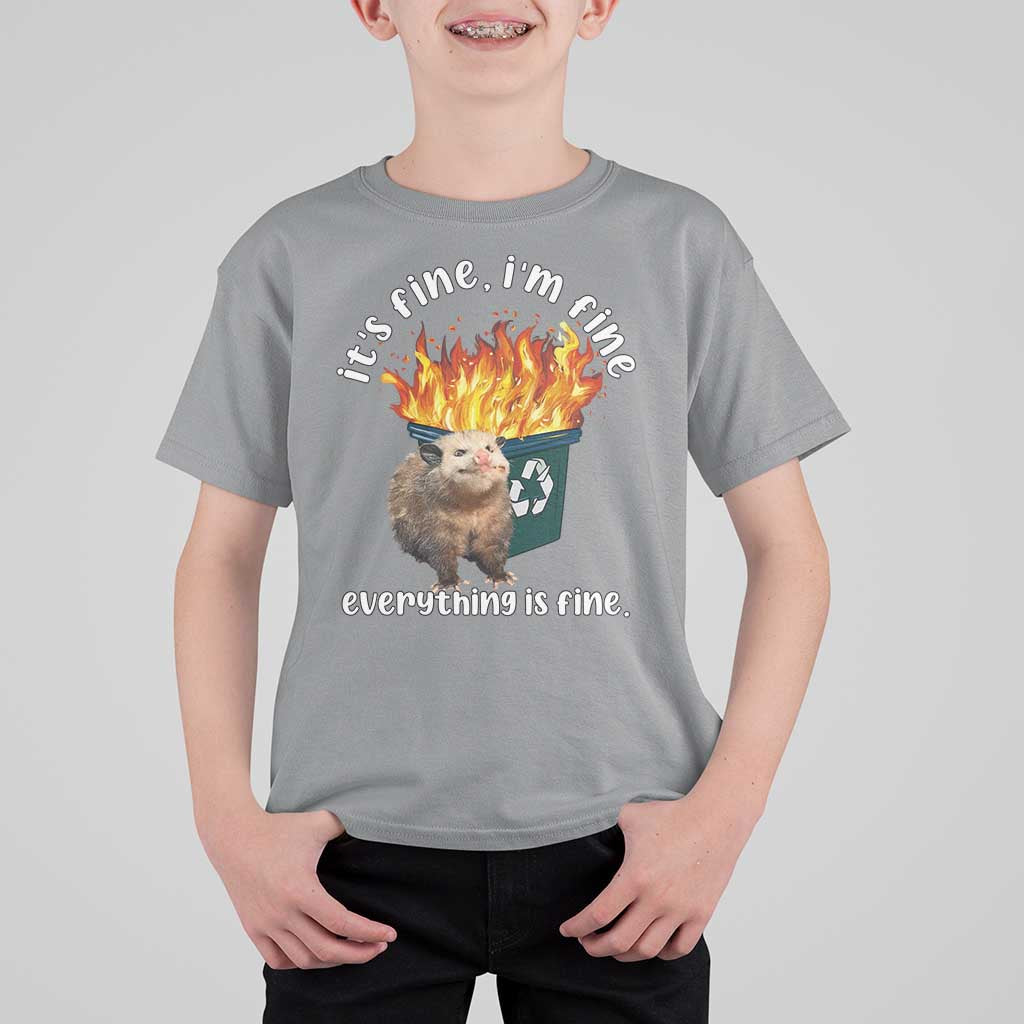 Funny Opossum Meme T Shirt For Kid It's Fine I'm Fine Everything Is Fine Dumpster Fire - Wonder Print Shop