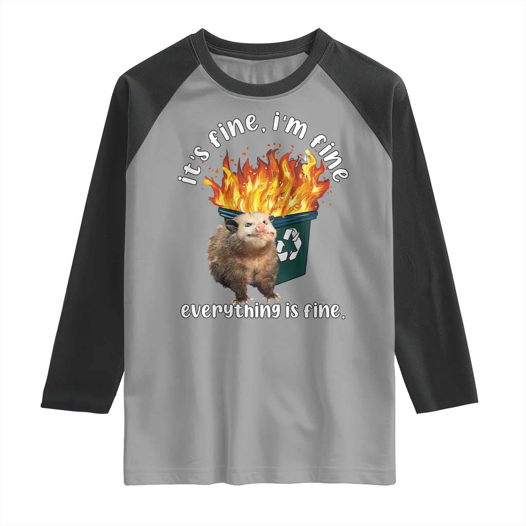 Funny Opossum Meme Raglan Shirt It's Fine I'm Fine Everything Is Fine Dumpster Fire