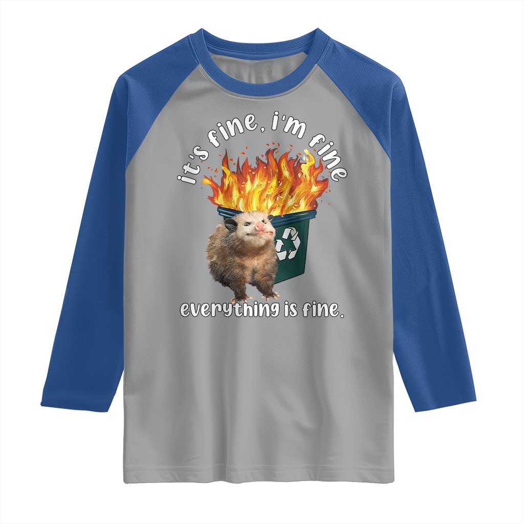 Funny Opossum Meme Raglan Shirt It's Fine I'm Fine Everything Is Fine Dumpster Fire