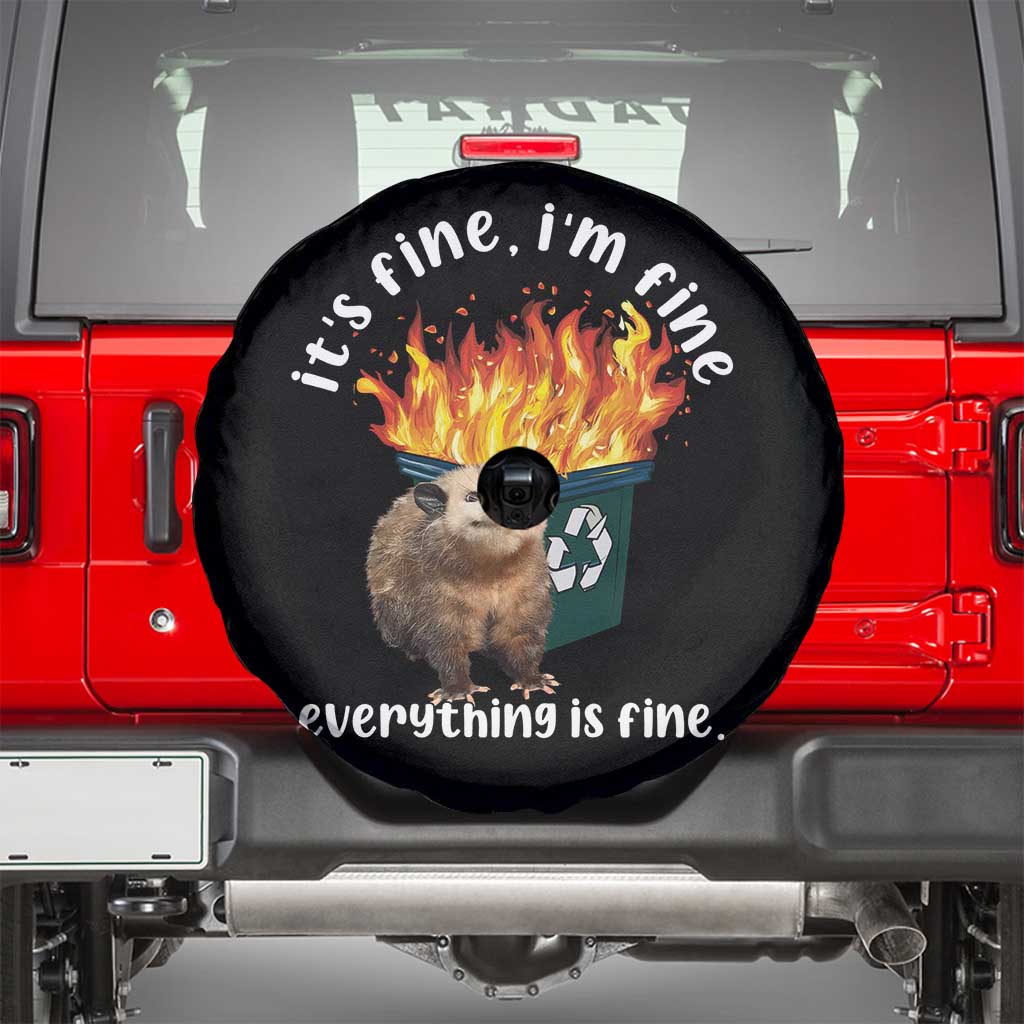 Funny Opossum Meme Spare Tire Cover It's Fine I'm Fine Everything Is Fine Dumpster Fire
