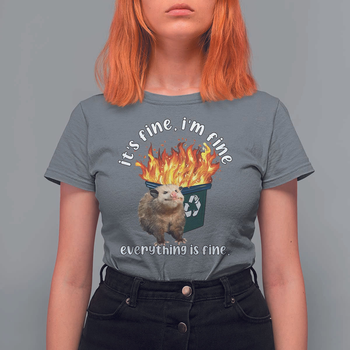 Funny Opossum Meme T Shirt For Women It's Fine I'm Fine Everything Is Fine Dumpster Fire - Wonder Print Shop
