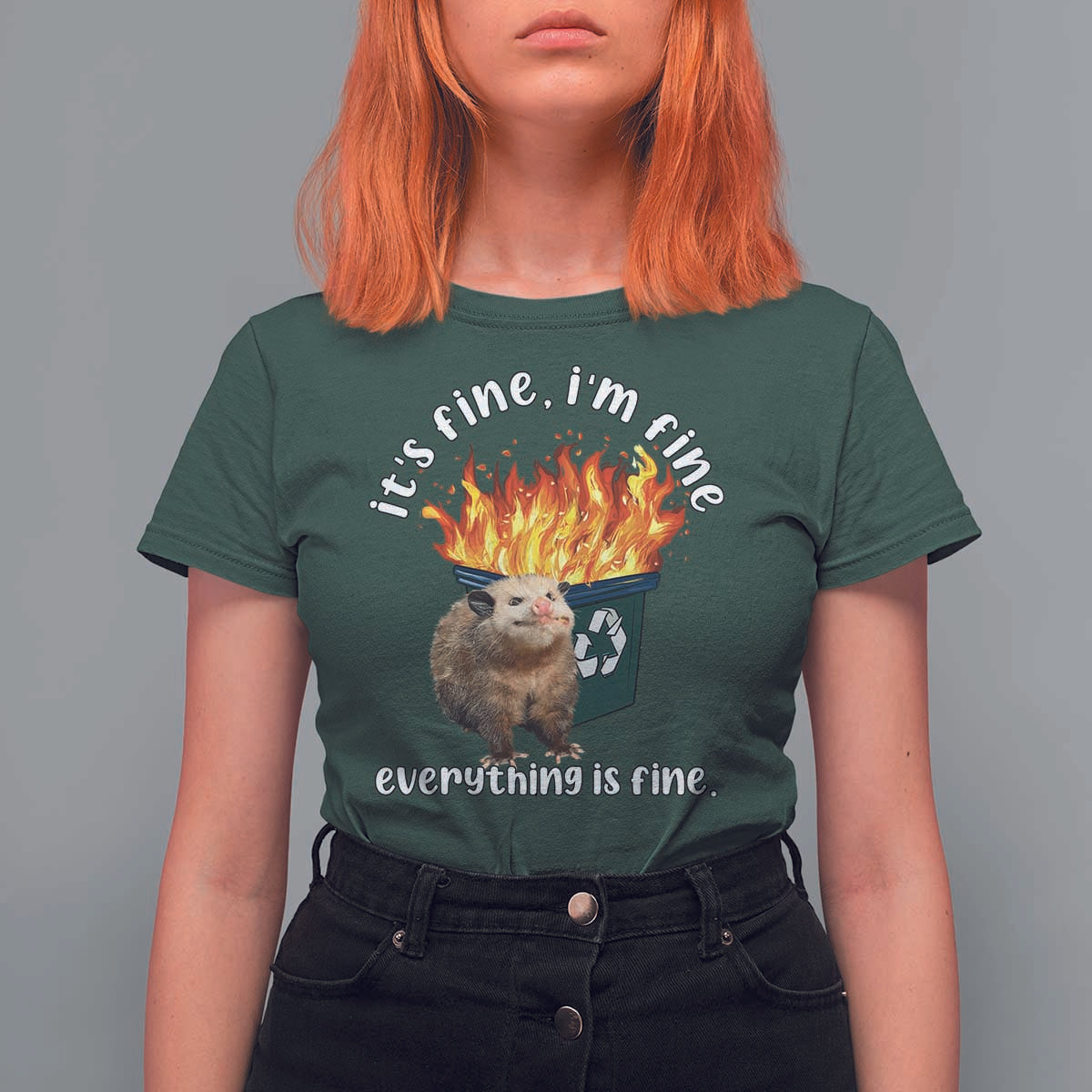 Funny Opossum Meme T Shirt For Women It's Fine I'm Fine Everything Is Fine Dumpster Fire - Wonder Print Shop