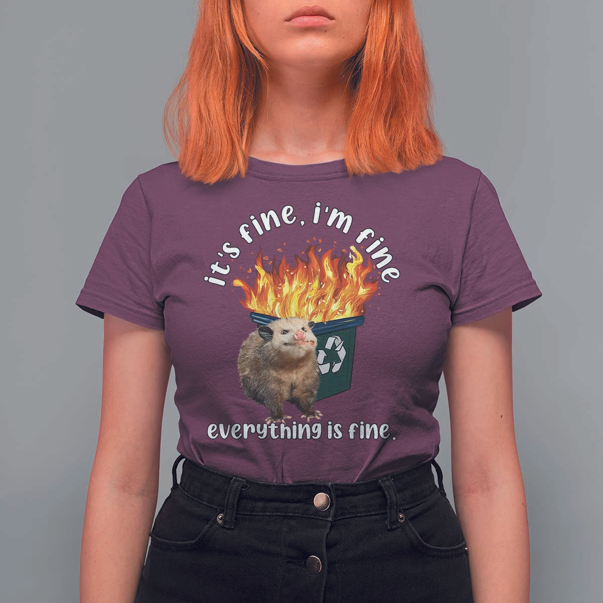 Funny Opossum Meme T Shirt For Women It's Fine I'm Fine Everything Is Fine Dumpster Fire - Wonder Print Shop