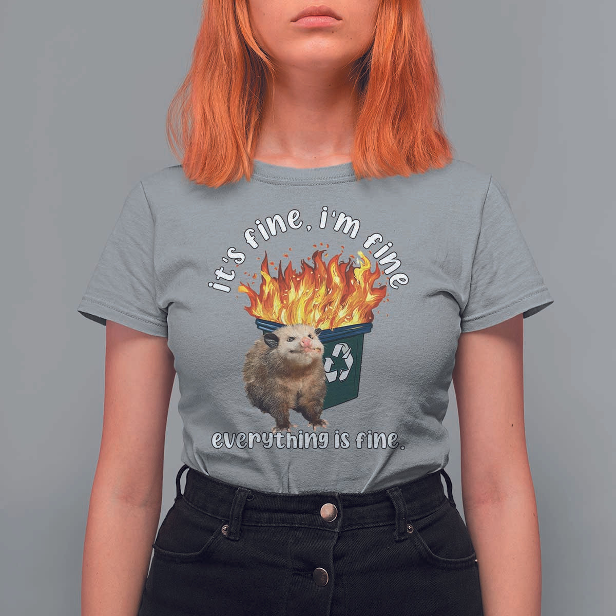 Funny Opossum Meme T Shirt For Women It's Fine I'm Fine Everything Is Fine Dumpster Fire - Wonder Print Shop