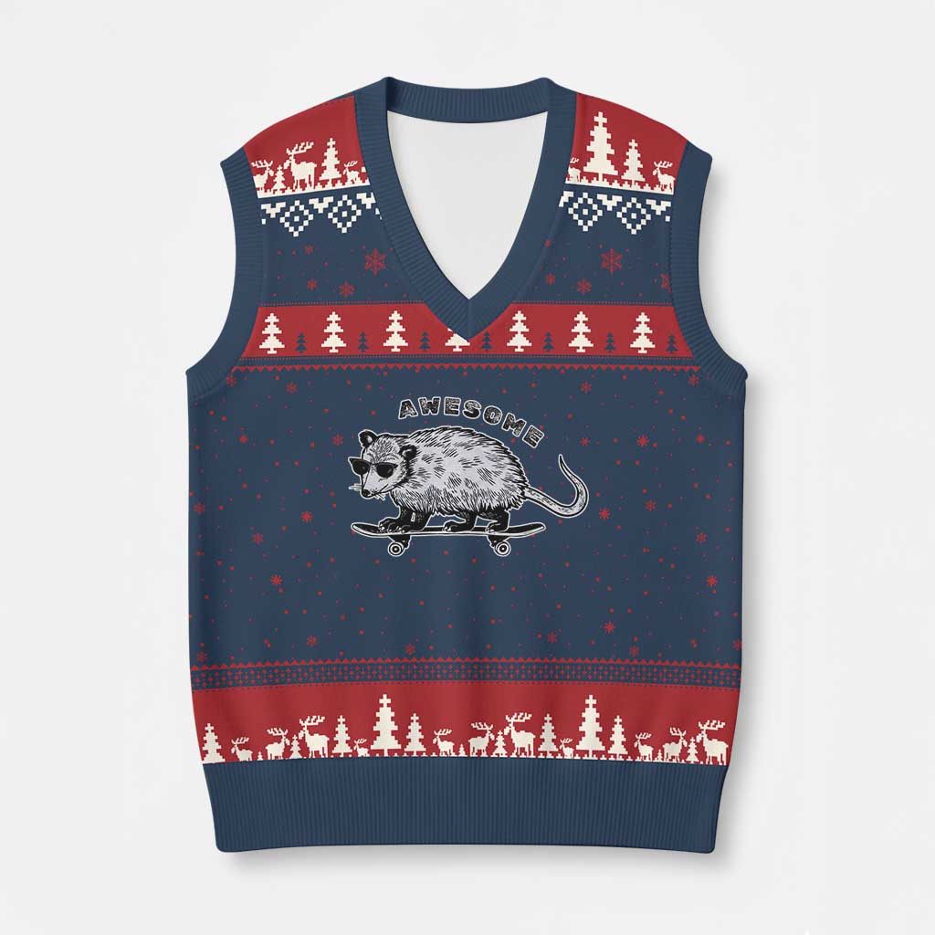 Funny Opossum Meme V-Neck Knit Sweater Vest Awesome Possum Cool 90s Retro Vintage Animal Lover - Wonder Print Shop