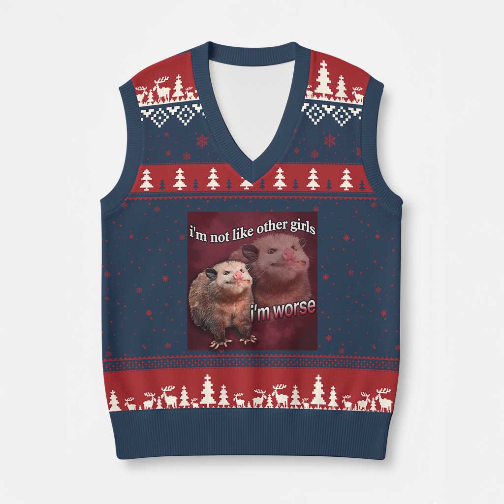 Funny Opossum Meme V-Neck Knit Sweater Vest I’m Not Like Other Girls I'm Worse Possum Sarcasm Humor - Wonder Print Shop