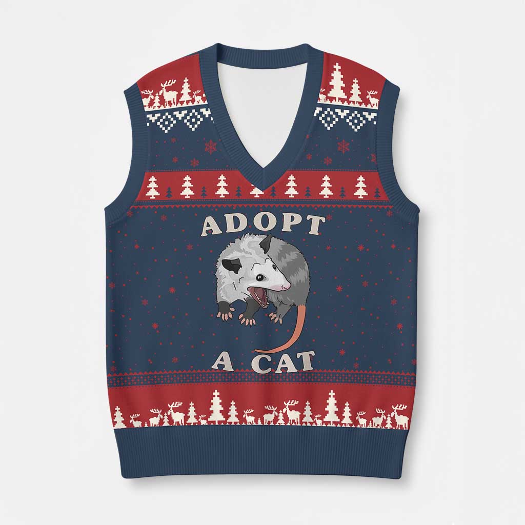 Funny Opossum Meme V-Neck Knit Sweater Vest Adopt A Cat Possum Team Trash Vibes - Wonder Print Shop
