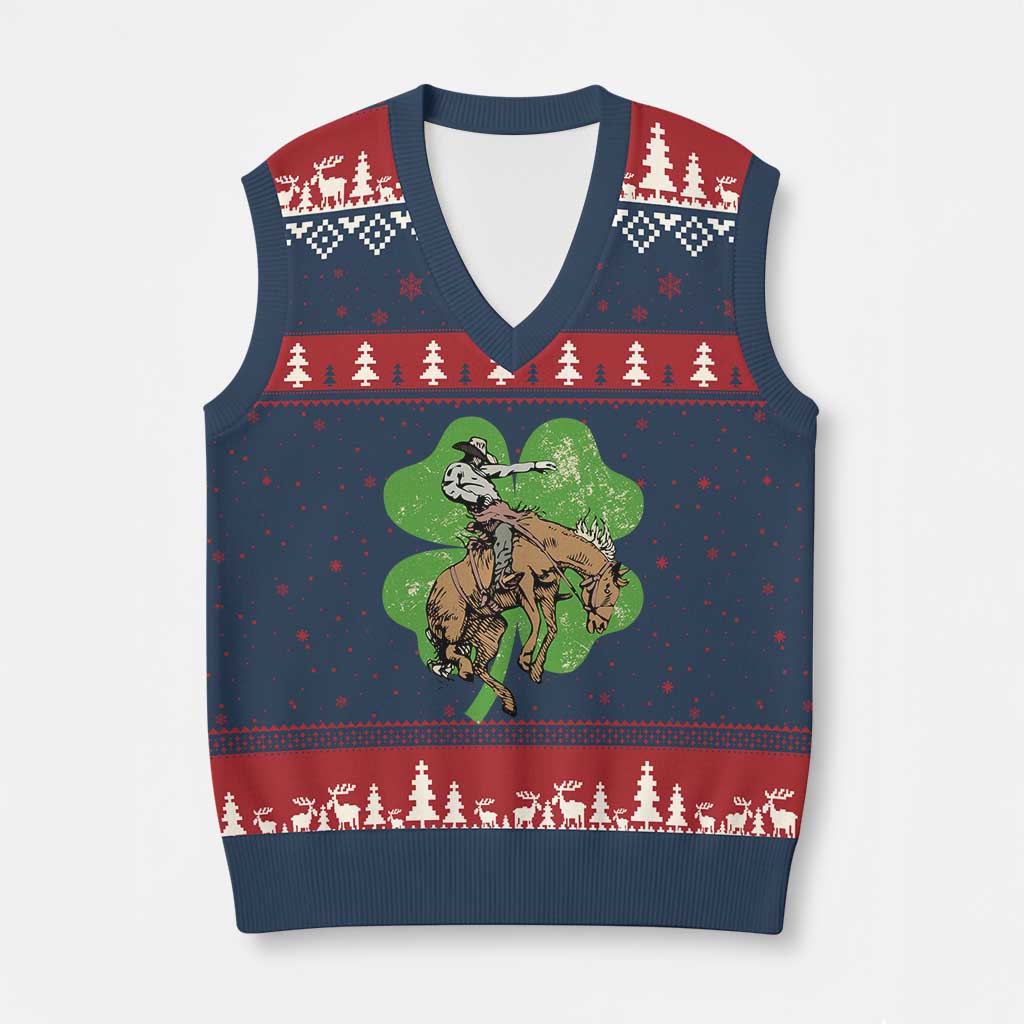 St Patrick's Day Lucky Cowboy V-Neck Knit Sweater Vest Retro Vintage Clover - Wonder Print Shop