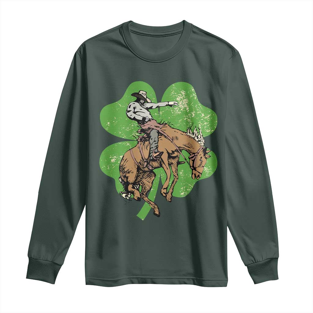 St Patrick's Day Lucky Cowboy Long Sleeve Shirt Retro Vintage Clover
