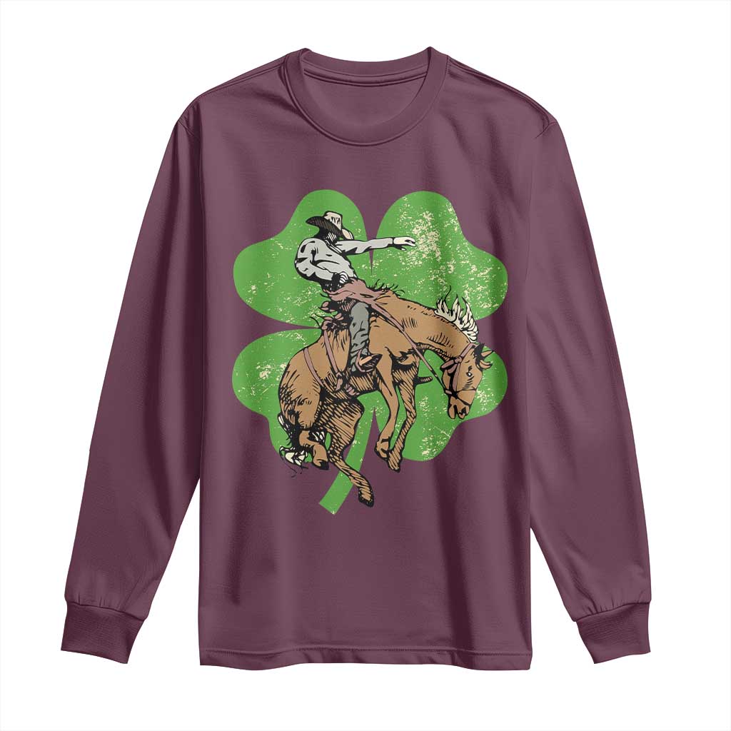 St Patrick's Day Lucky Cowboy Long Sleeve Shirt Retro Vintage Clover
