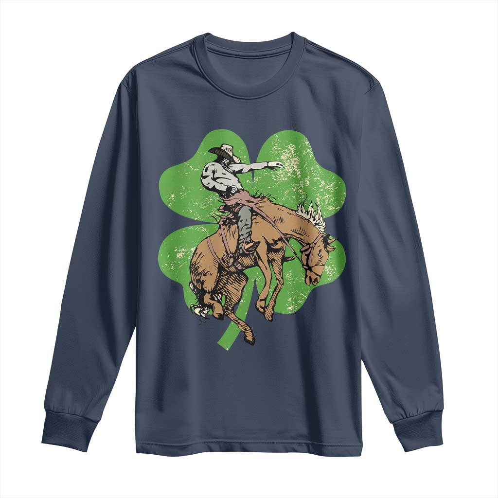 St Patrick's Day Lucky Cowboy Long Sleeve Shirt Retro Vintage Clover