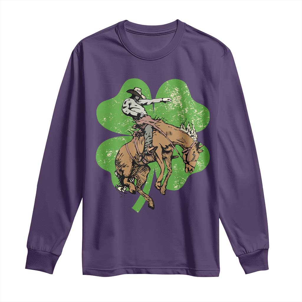 St Patrick's Day Lucky Cowboy Long Sleeve Shirt Retro Vintage Clover