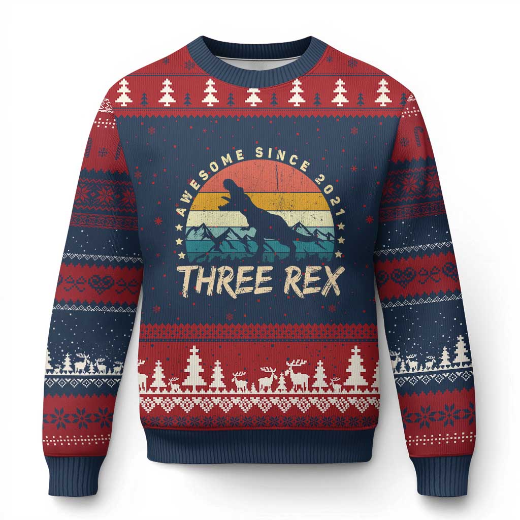 Three Rex 3rd Birthday Ugly Christmas Sweater 3 Years Old Dinosaur Bday Boy - Wonder Print Shop