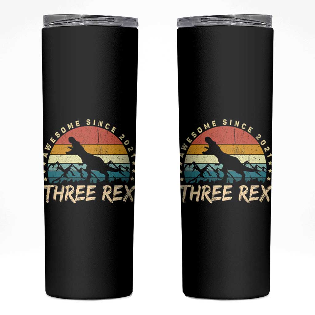 Three Rex 3rd Birthday Skinny Tumbler 3 Years Old Dinosaur Bday Boy