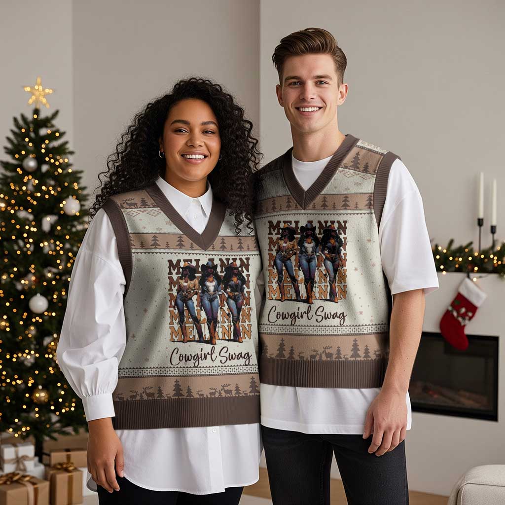 Melanin Cowgirl Swag V-Neck Knit Sweater Vest African American Cowgirls Black History Pride - Wonder Print Shop