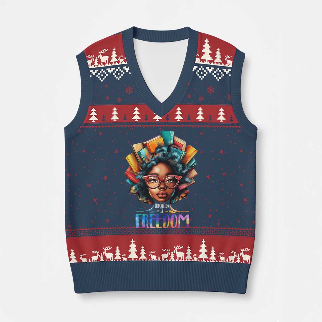 Black History Education Is Freedom V-Neck Knit Sweater Vest Black Teacher Books - Wonder Print Shop