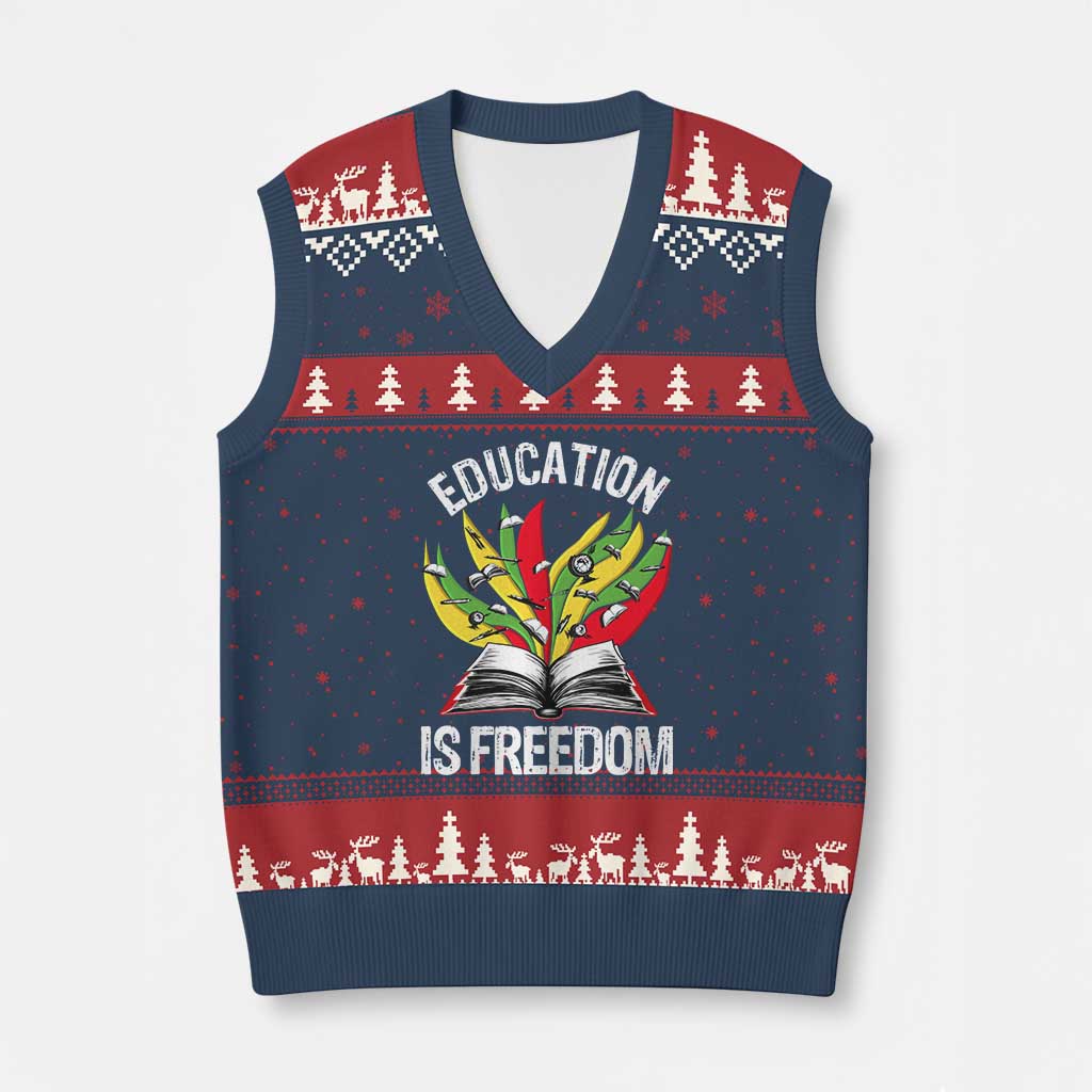 Education Is Freedom V-Neck Knit Sweater Vest Teaching Black History Month Books - Wonder Print Shop