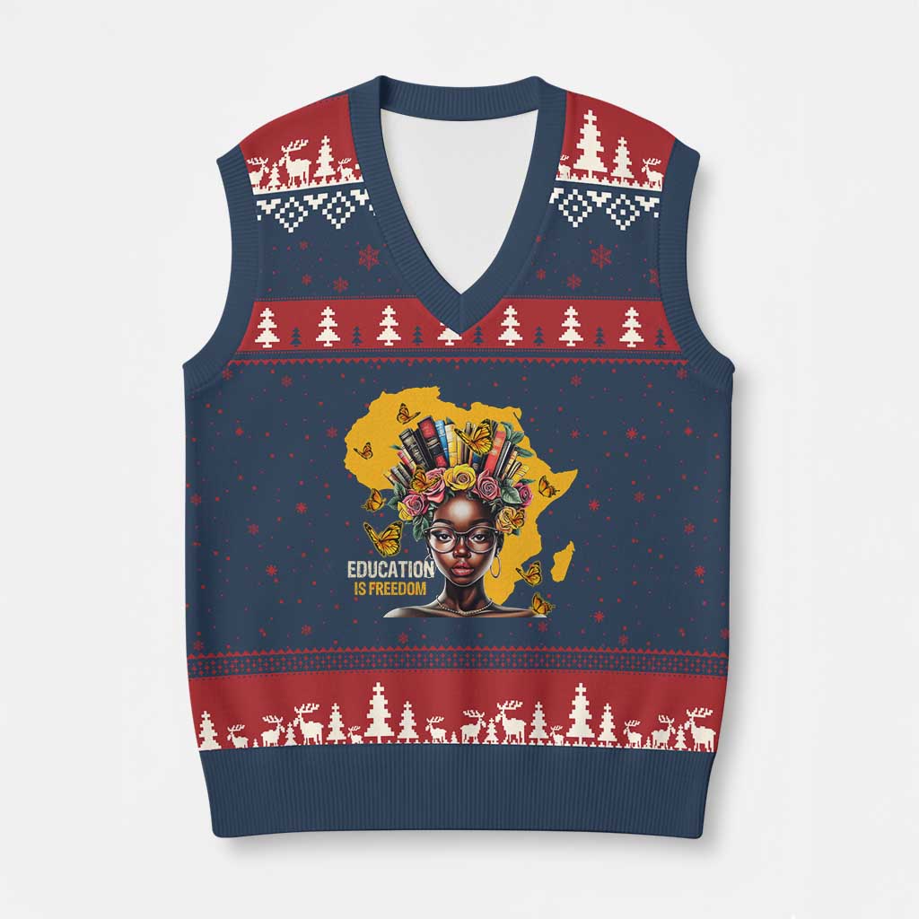 Education Is Freedom V-Neck Knit Sweater Vest Black Teacher Books Black History Month - Wonder Print Shop