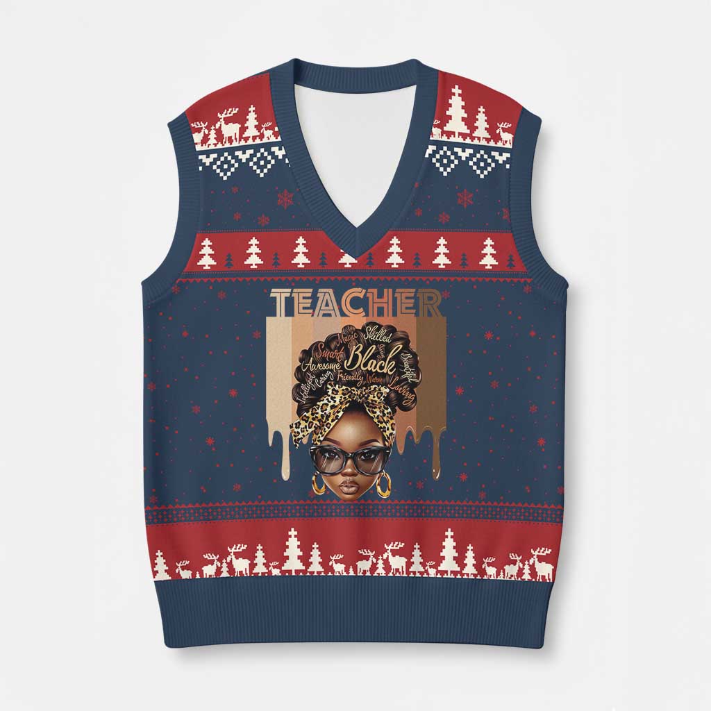 Black Teacher Magic V-Neck Knit Sweater Vest Black History Month Afro Hair Melanin - Wonder Print Shop