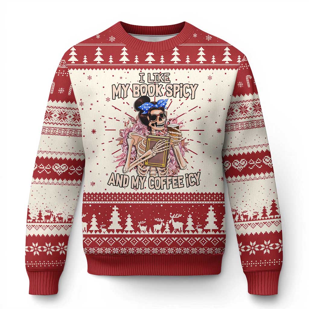Reading Skeleton Ugly Christmas Sweater I Like My Books Spicy And My Coffee Icy Book and Coffee Lovers - Wonder Print Shop