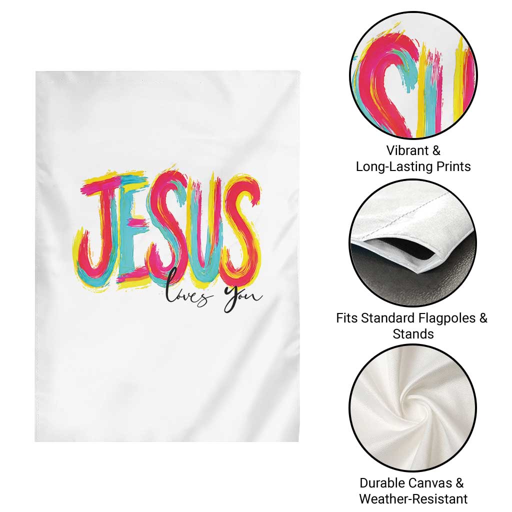 Jesus Loves You Colorful Brush Stroke Christian Garden Flag Faith Inspirational Religious Gift for Believers