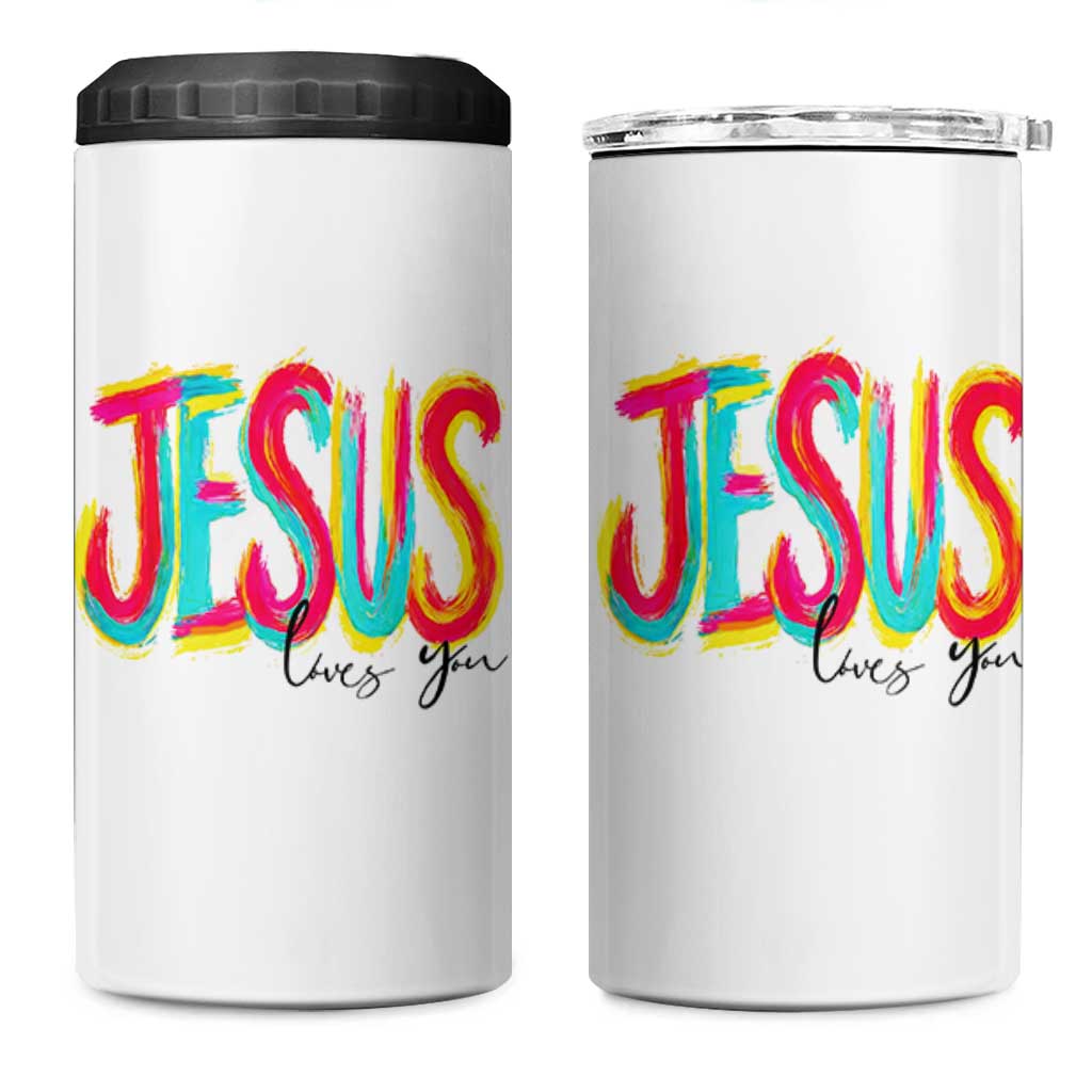 Jesus Loves You Colorful Brush Stroke Christian 4 in 1 Can Cooler Tumbler Faith Inspirational Religious Gift for Believers