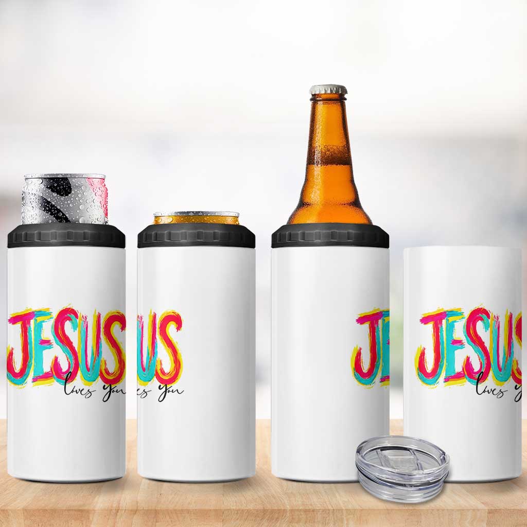 Jesus Loves You Colorful Brush Stroke Christian 4 in 1 Can Cooler Tumbler Faith Inspirational Religious Gift for Believers