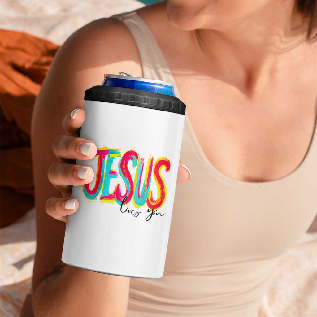 Jesus Loves You Colorful Brush Stroke Christian 4 in 1 Can Cooler Tumbler Faith Inspirational Religious Gift for Believers